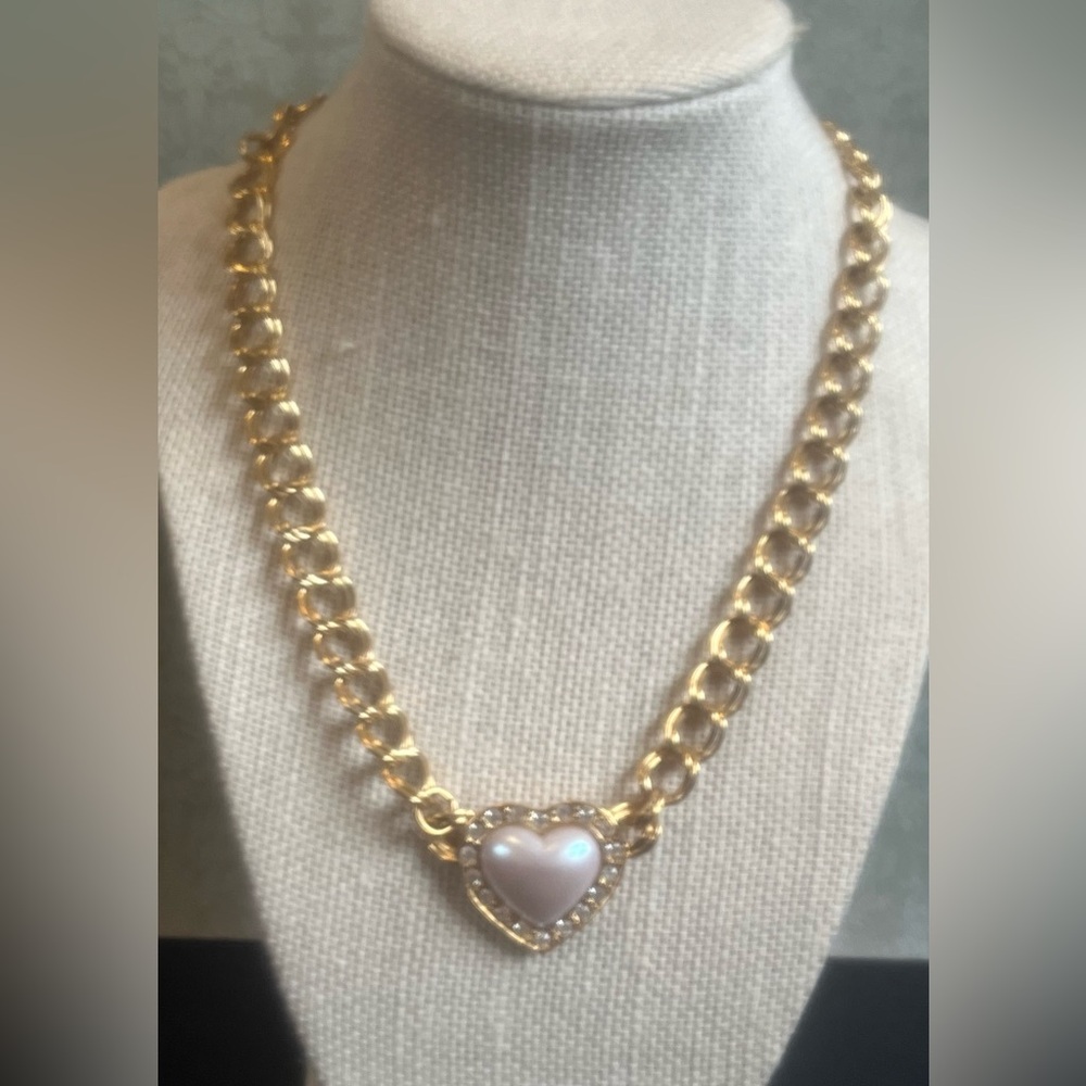 Avon Double Link Necklace/ Faux Pearl Heart with Rhinestones Pendant